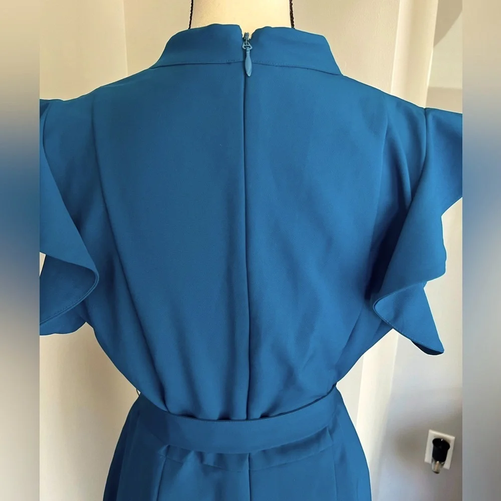 Women’s Blue Ruffle Sleeve Jumpsuit with Belt - Picture 4 of 6